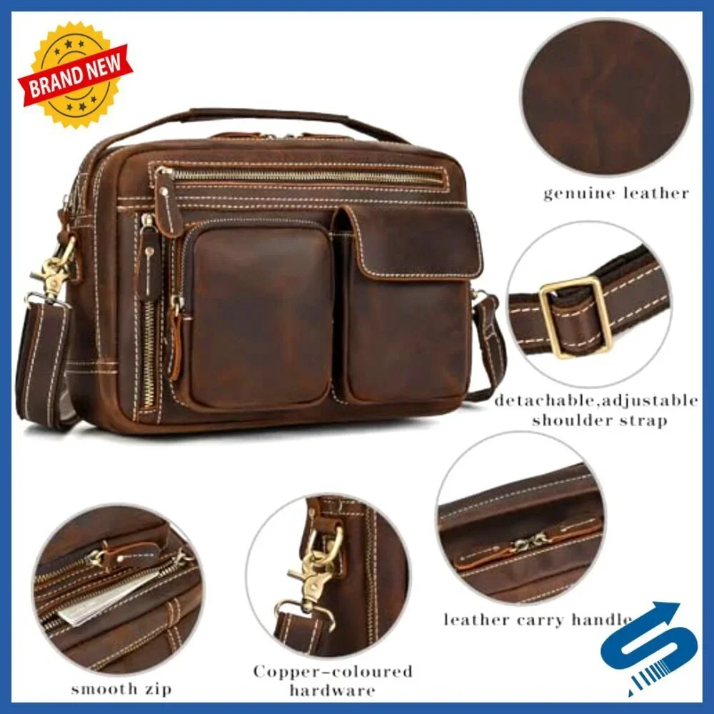 Vintage Leather Messenger Bag for Men, Laptop Crossbody Briefcase Shoulder Bag